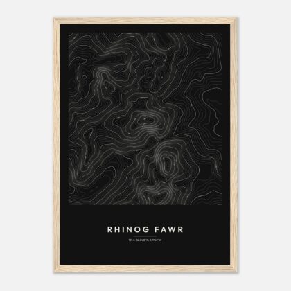 Rhinog Fawr contour map print, Dark style, in a natural wood frame
