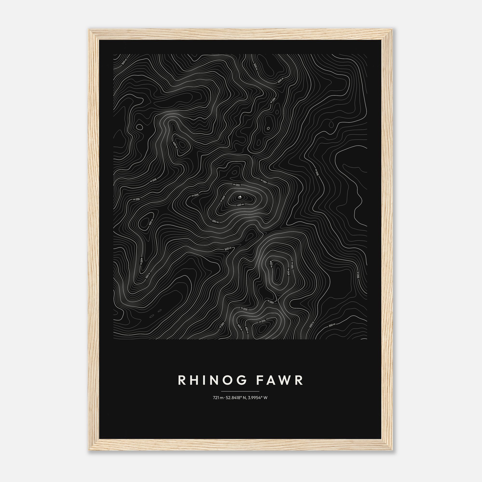 Rhinog Fawr contour map print, Dark style, in a natural wood frame