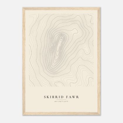 Skirrid Fawr contour map print, Vintage style, in a natural wood frame