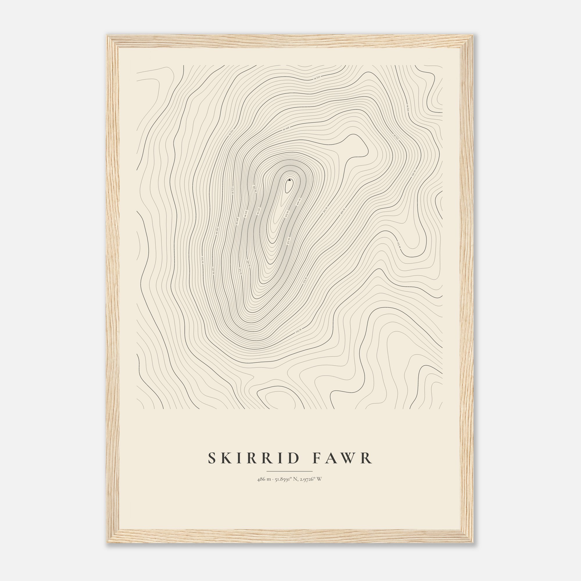 Skirrid Fawr contour map print, Vintage style, in a natural wood frame