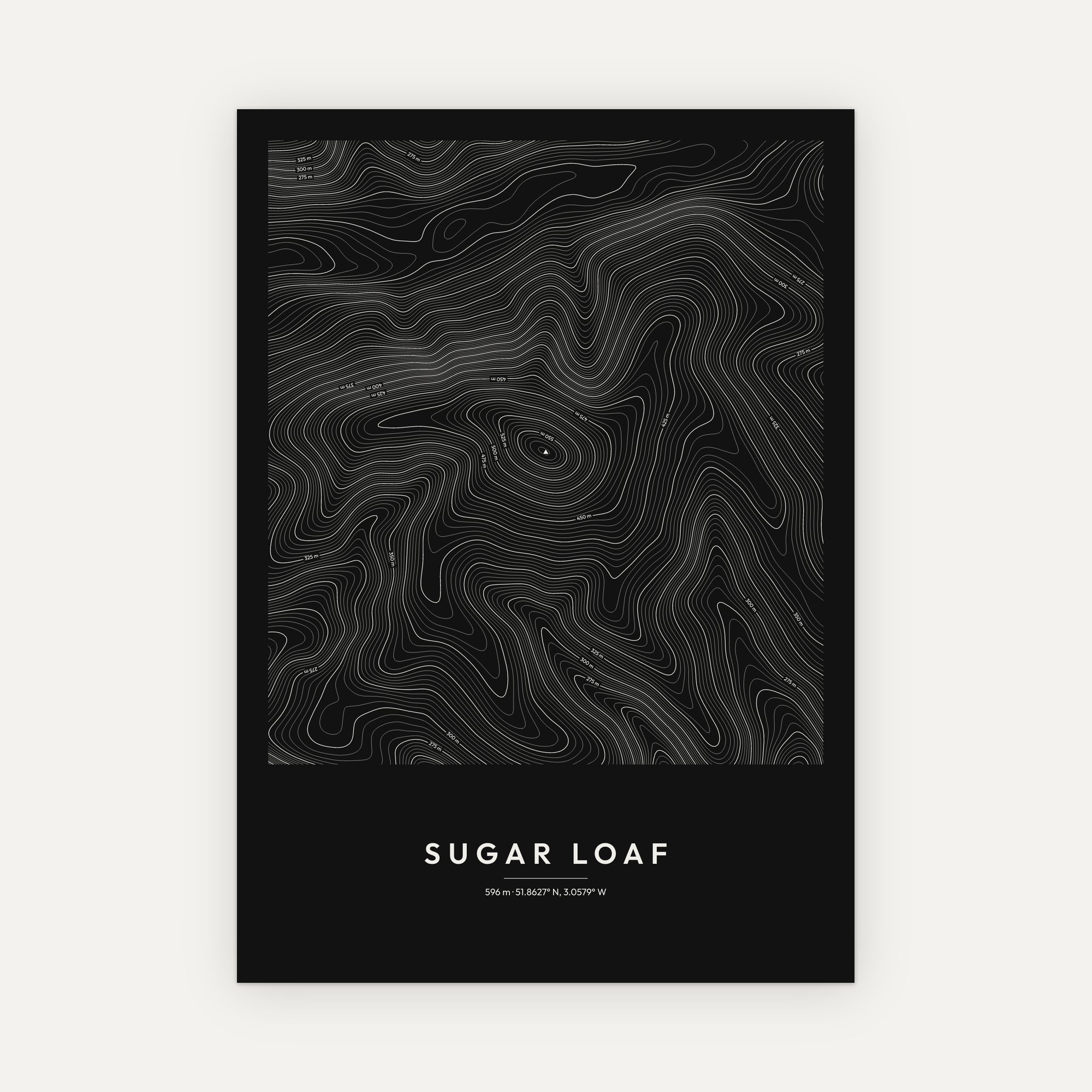 Sugar Loaf contour map print, Dark style