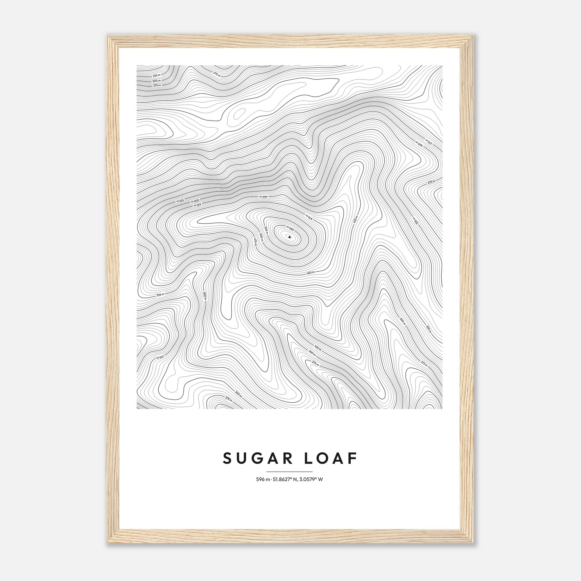 Sugar Loaf contour map print, Minimal style, in a natural wood frame