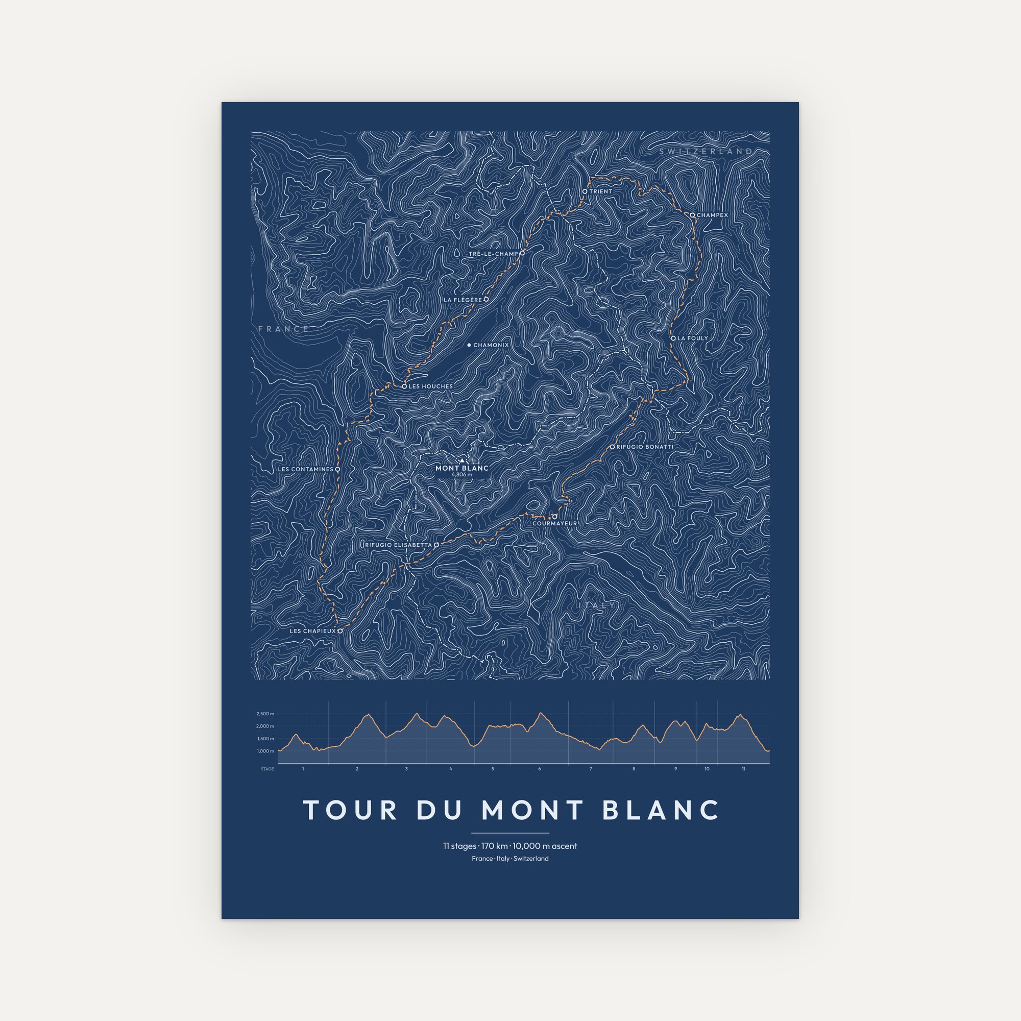 Tour du Mont Blanc contour map print, Blueprint style