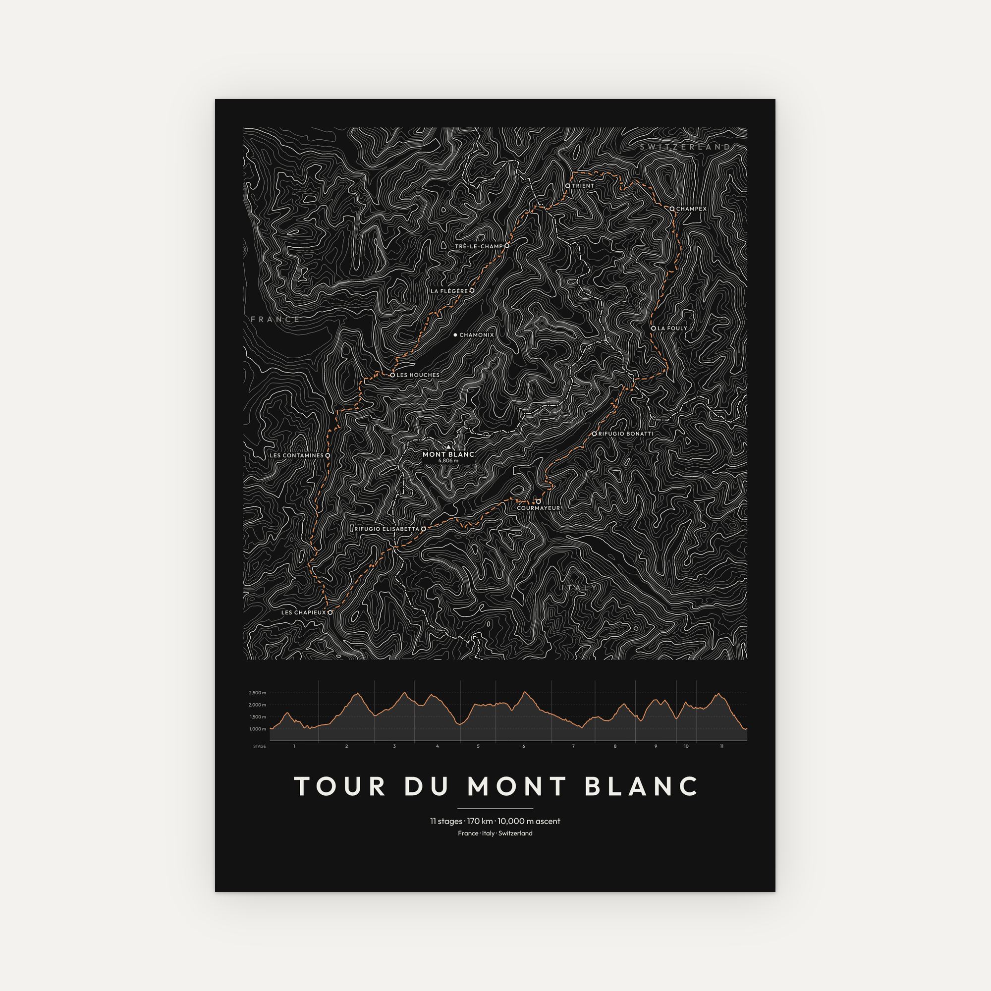 Tour du Mont Blanc contour map print, Dark style