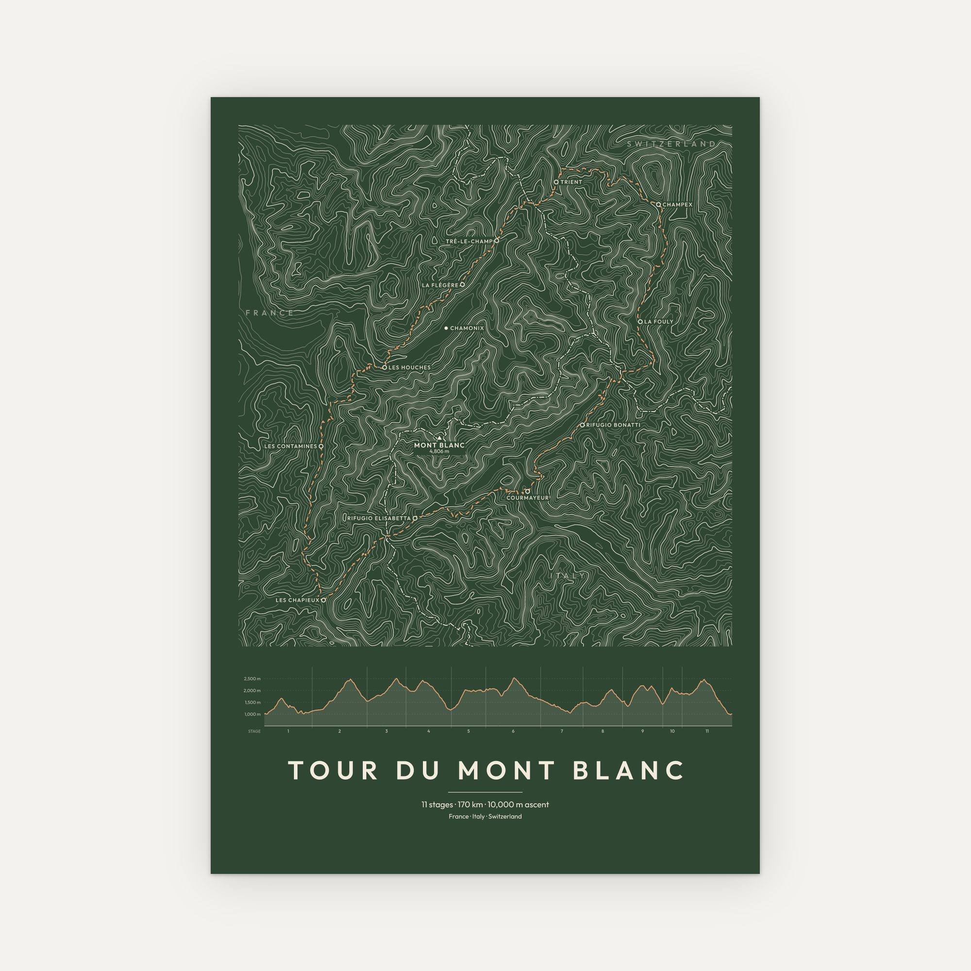 Tour du Mont Blanc contour map print, Forest style