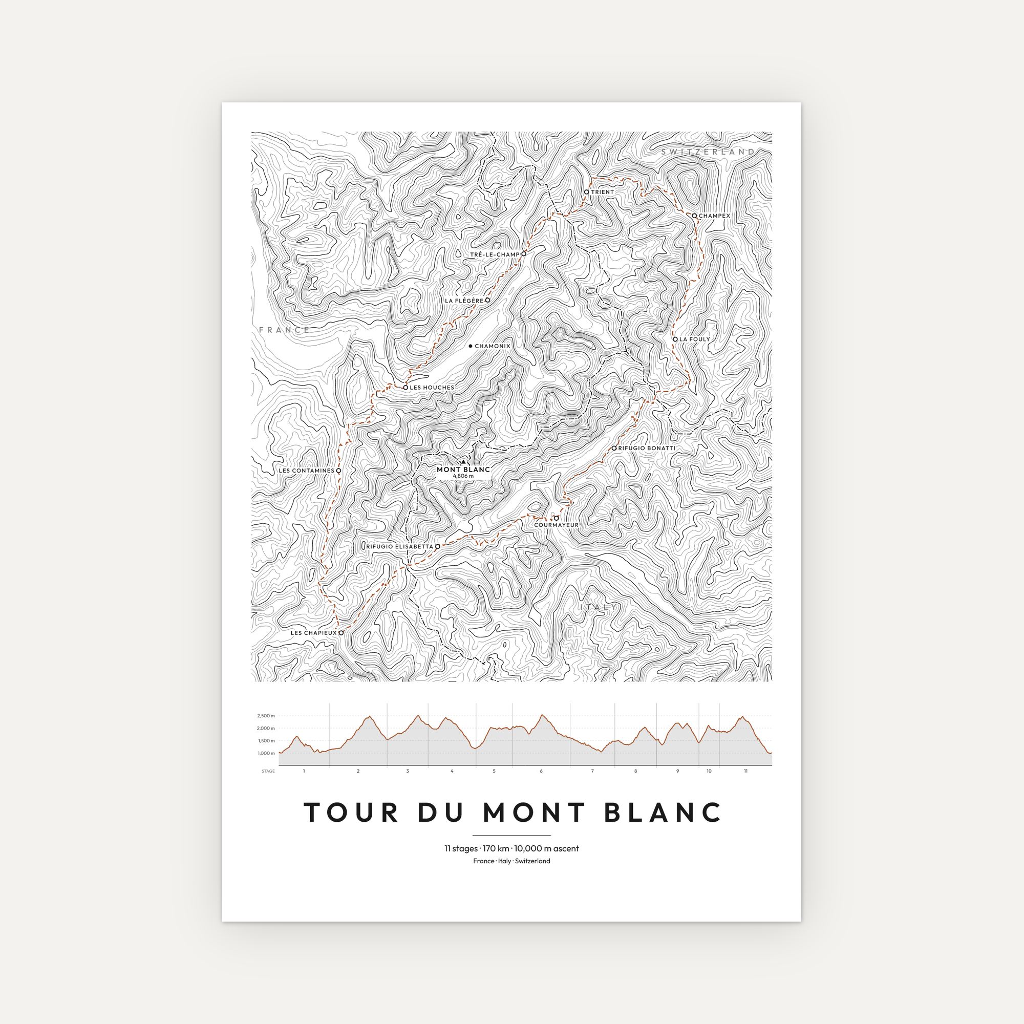 Tour du Mont Blanc contour map print, Minimal style