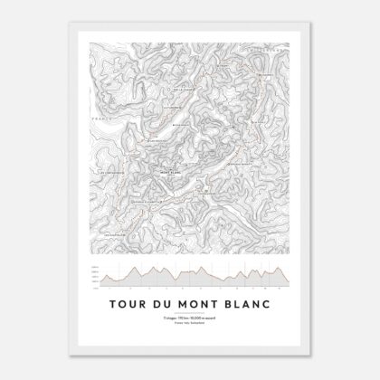 Tour du Mont Blanc contour map print, Minimal style, in a white frame