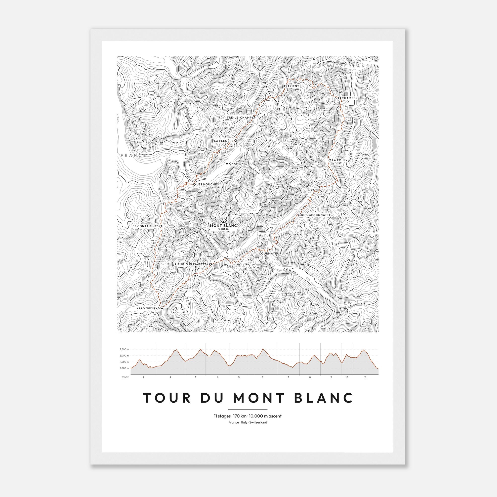 Tour du Mont Blanc contour map print, Minimal style, in a white frame