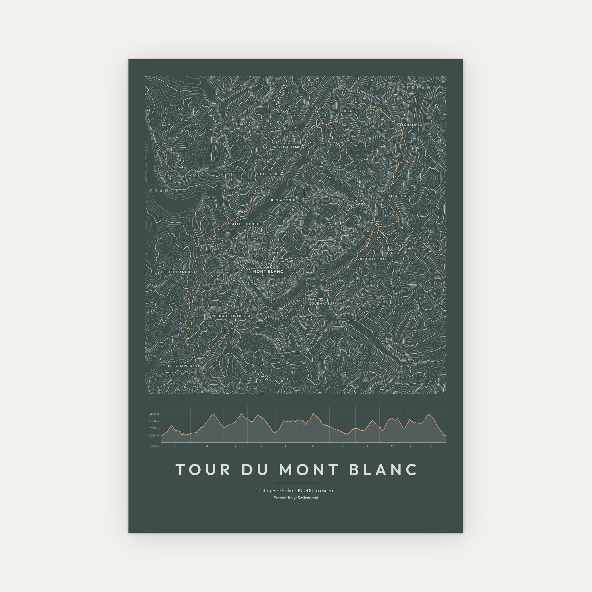 Tour du Mont Blanc contour map print, Slate style