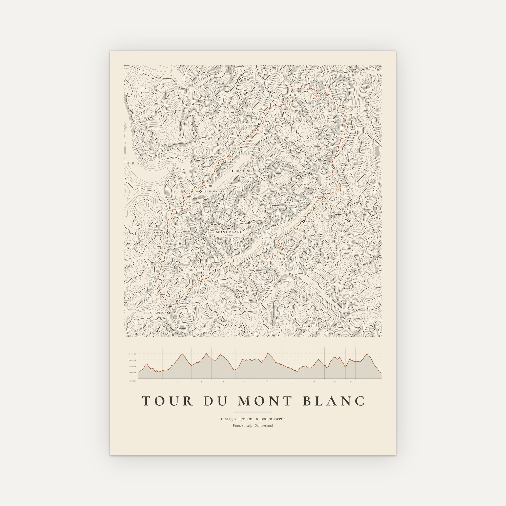 Tour du Mont Blanc contour map print, Vintage style