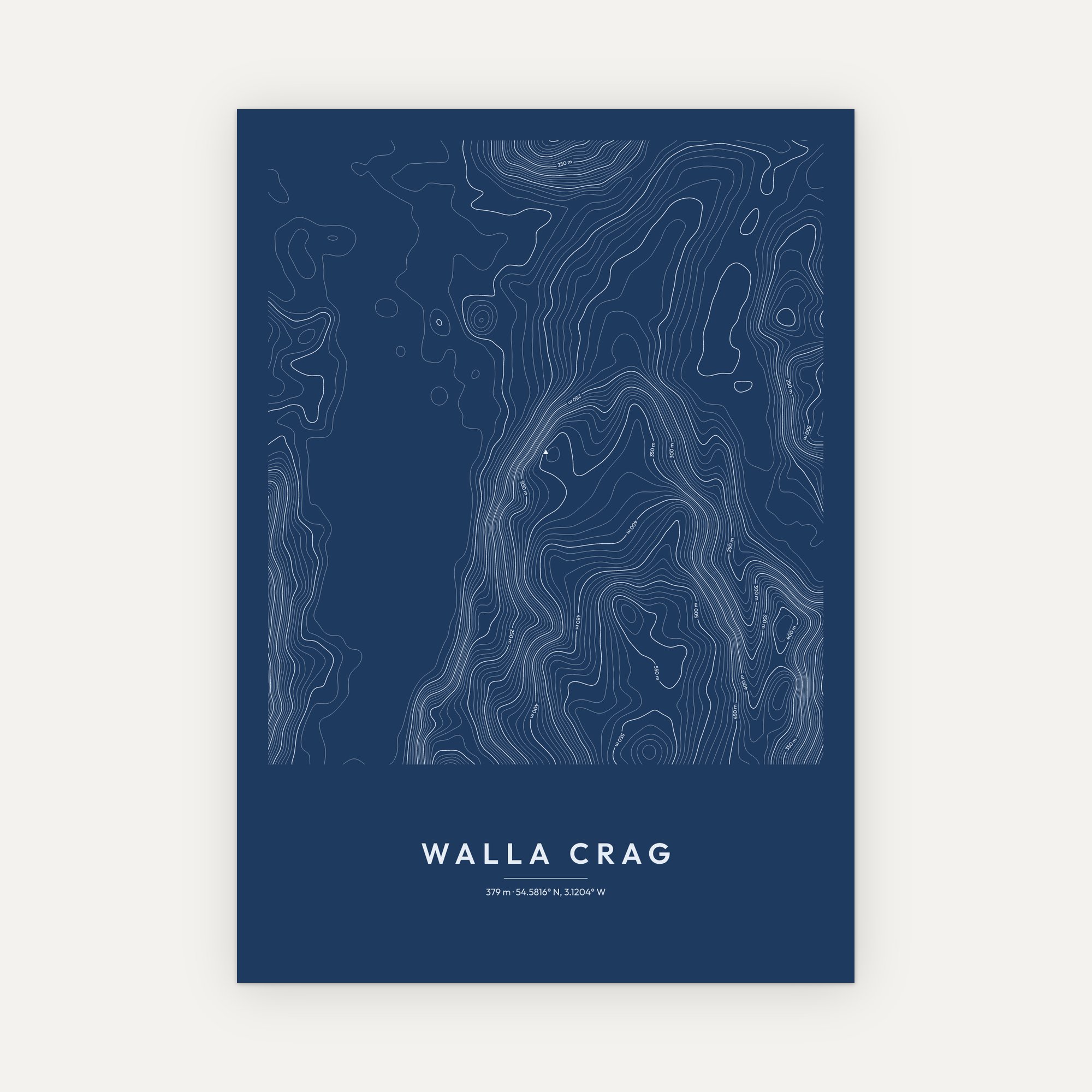 Walla Crag contour map print, Blueprint style