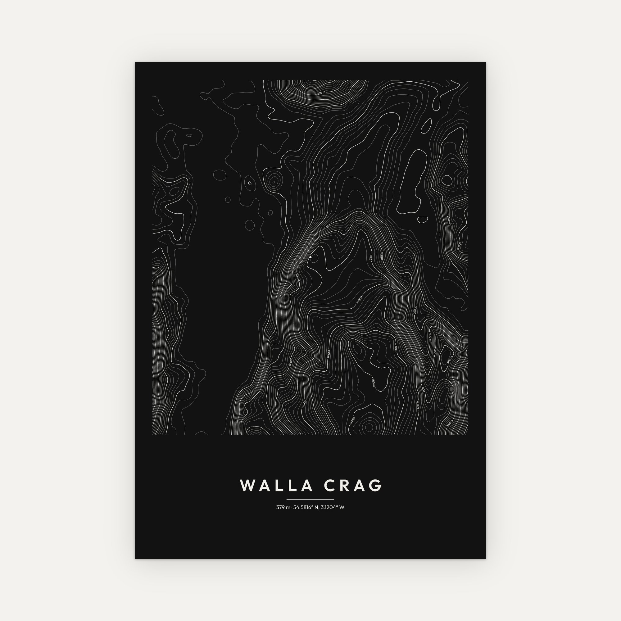 Walla Crag contour map print, Dark style