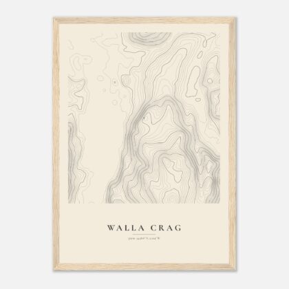 Walla Crag contour map print, Vintage style, in a natural wood frame
